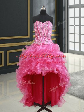 Beauteous Four Piece Hot Pink Ball Gowns Organza Sweetheart Sleeveless Beading and Ruffles Floor Length Lace Up Sweet 16 Dresses