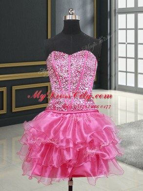 Beauteous Four Piece Hot Pink Ball Gowns Organza Sweetheart Sleeveless Beading and Ruffles Floor Length Lace Up Sweet 16 Dresses