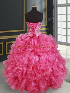 Beauteous Four Piece Hot Pink Ball Gowns Organza Sweetheart Sleeveless Beading and Ruffles Floor Length Lace Up Sweet 16 Dresses