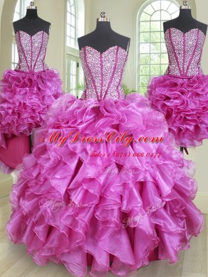 Sophisticated Four Piece Fuchsia Lace Up Sweet 16 Dress Beading and Ruffles Sleeveless Floor Length