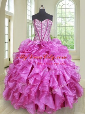 Sophisticated Four Piece Fuchsia Lace Up Sweet 16 Dress Beading and Ruffles Sleeveless Floor Length