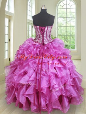 Sophisticated Four Piece Fuchsia Lace Up Sweet 16 Dress Beading and Ruffles Sleeveless Floor Length