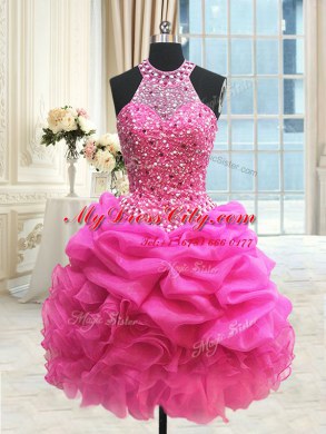 Three Piece Hot Pink Lace Up Halter Top Beading and Ruffles and Pick Ups Quinceanera Dresses Organza Sleeveless