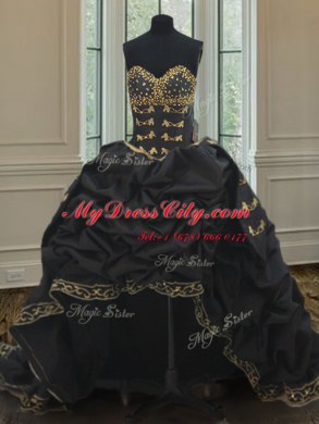 High Class Three Piece Sleeveless With Train Beading and Embroidery and Pick Ups Lace Up Quinceanera Gowns with Black Brush Train