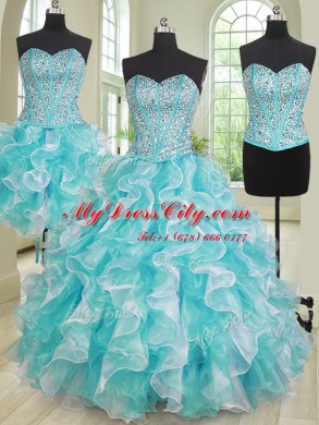Wonderful Three Piece Blue And White Quinceanera Gown Organza Sleeveless Beading and Ruffles