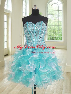 Wonderful Three Piece Blue And White Quinceanera Gown Organza Sleeveless Beading and Ruffles
