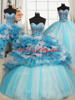 Sleeveless Beading and Ruffles Lace Up Quince Ball Gowns