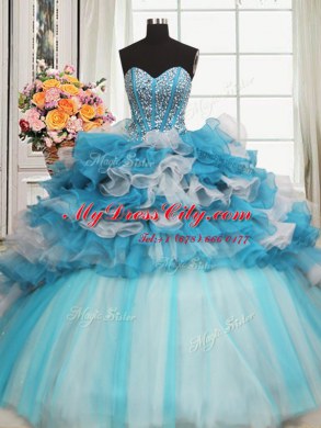 Sleeveless Beading and Ruffles Lace Up Quince Ball Gowns