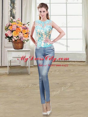 Captivating Four Piece Scoop Aqua Blue Ball Gowns Beading and Ruffles Quinceanera Gown Lace Up Organza Sleeveless Floor Length