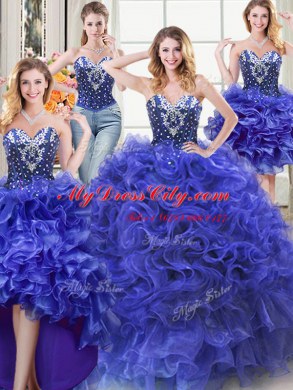 Four Piece Sleeveless Floor Length Beading and Ruffles Lace Up Quinceanera Gowns with Royal Blue