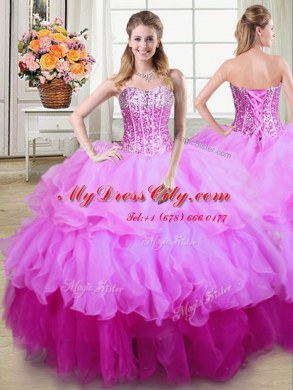 Multi-color Lace Up Ball Gown Prom Dress Ruffles and Sequins Sleeveless Floor Length