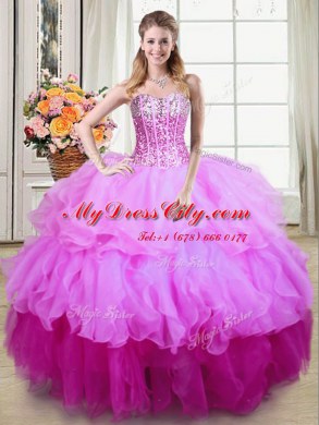 Multi-color Lace Up Ball Gown Prom Dress Ruffles and Sequins Sleeveless Floor Length
