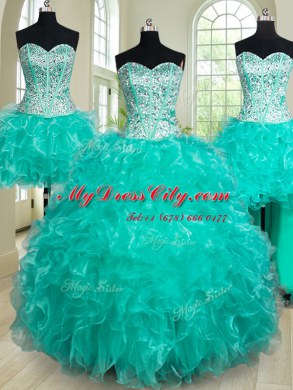 Four Piece Turquoise Lace Up Quince Ball Gowns Beading and Ruffles Sleeveless Floor Length