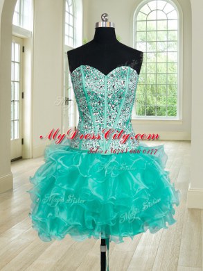 Four Piece Turquoise Lace Up Quince Ball Gowns Beading and Ruffles Sleeveless Floor Length