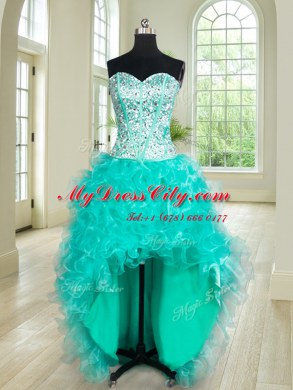 Four Piece Turquoise Lace Up Quince Ball Gowns Beading and Ruffles Sleeveless Floor Length