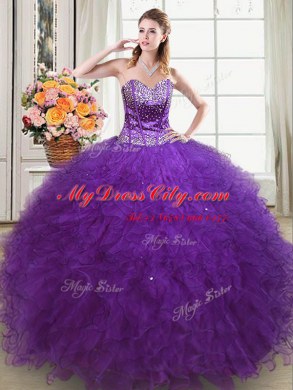 Dramatic Sleeveless Beading and Ruffles Lace Up Quinceanera Gown