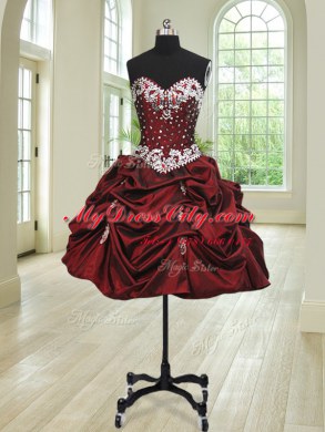 Comfortable Four Piece Wine Red Ball Gowns Taffeta Sweetheart Sleeveless Beading and Appliques and Pick Ups Floor Length Lace Up Quince Ball Gowns