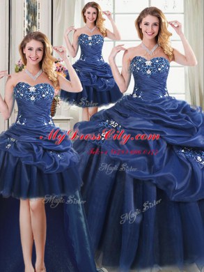 Four Piece Navy Blue Quinceanera Dresses Military Ball and Sweet 16 and Quinceanera and For with Appliques Sweetheart Sleeveless Lace Up