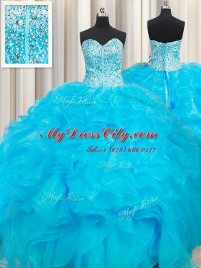 Baby Blue Organza Lace Up Quince Ball Gowns Sleeveless Floor Length Beading and Ruffles