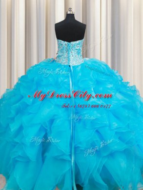 Baby Blue Organza Lace Up Quince Ball Gowns Sleeveless Floor Length Beading and Ruffles