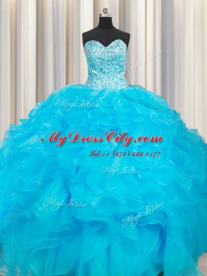 Baby Blue Organza Lace Up Quince Ball Gowns Sleeveless Floor Length Beading and Ruffles