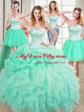 Four Piece Beading and Ruffles and Pick Ups Sweet 16 Quinceanera Dress Apple Green Lace Up Sleeveless Floor Length