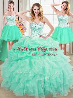 Four Piece Beading and Ruffles and Pick Ups Sweet 16 Quinceanera Dress Apple Green Lace Up Sleeveless Floor Length