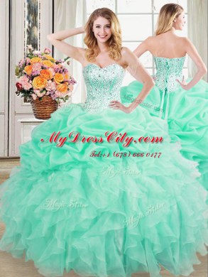 Four Piece Beading and Ruffles and Pick Ups Sweet 16 Quinceanera Dress Apple Green Lace Up Sleeveless Floor Length