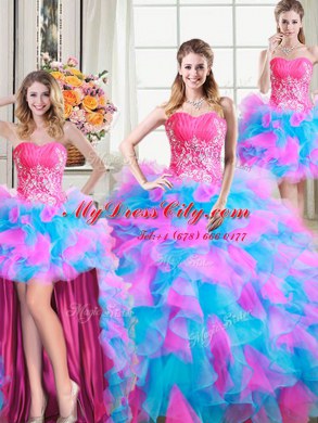 Four Piece Beading and Ruffles Quinceanera Dresses Multi-color Zipper Sleeveless Floor Length