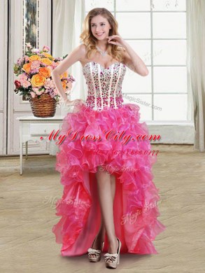 Four Piece Sweetheart Sleeveless Sweet 16 Dresses Floor Length Beading and Ruffles White and Red Organza