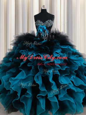 Graceful Floor Length Black and Blue Quinceanera Dresses Sweetheart Sleeveless Lace Up