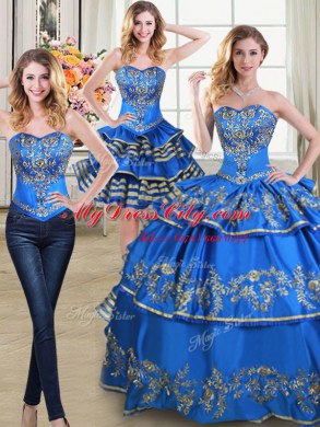 Three Piece Blue Taffeta Lace Up Quinceanera Gown Sleeveless Floor Length Beading and Embroidery and Ruffled Layers