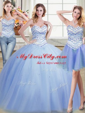 Discount Three Piece Tulle Sleeveless Floor Length 15 Quinceanera Dress and Beading
