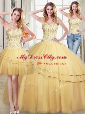 Flare Three Piece Beading and Sequins Sweet 16 Dress Gold Lace Up Sleeveless Floor Length