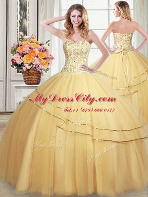 Flare Three Piece Beading and Sequins Sweet 16 Dress Gold Lace Up Sleeveless Floor Length