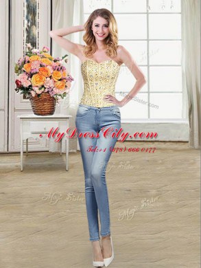 Flare Three Piece Beading and Sequins Sweet 16 Dress Gold Lace Up Sleeveless Floor Length