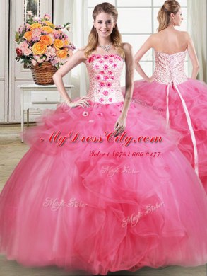 Dramatic Hot Pink Quinceanera Gowns Military Ball and Sweet 16 and Quinceanera and For with Beading and Appliques and Ruffles Strapless Sleeveless Lace Up