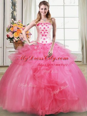 Dramatic Hot Pink Quinceanera Gowns Military Ball and Sweet 16 and Quinceanera and For with Beading and Appliques and Ruffles Strapless Sleeveless Lace Up
