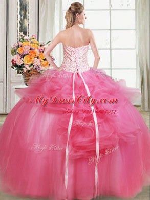 Dramatic Hot Pink Quinceanera Gowns Military Ball and Sweet 16 and Quinceanera and For with Beading and Appliques and Ruffles Strapless Sleeveless Lace Up
