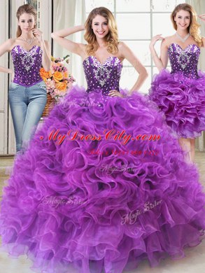 Three Piece Eggplant Purple Sleeveless Floor Length Beading and Ruffles Lace Up 15 Quinceanera Dress