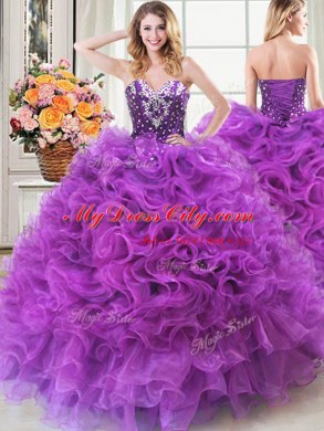 Three Piece Eggplant Purple Sleeveless Floor Length Beading and Ruffles Lace Up 15 Quinceanera Dress