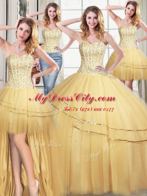Trendy Four Piece Gold Sweetheart Lace Up Beading and Sequins Sweet 16 Dress Sleeveless