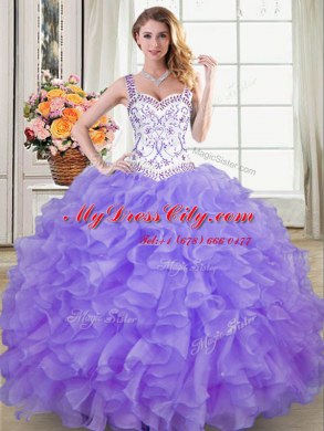 Straps Organza Sleeveless Floor Length Sweet 16 Quinceanera Dress and Beading and Lace and Ruffles