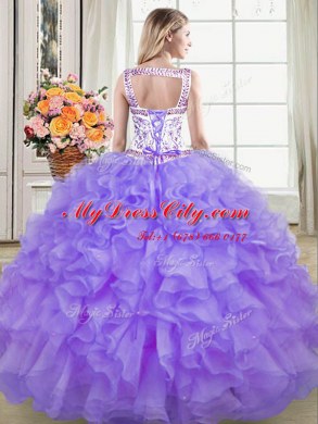 Straps Organza Sleeveless Floor Length Sweet 16 Quinceanera Dress and Beading and Lace and Ruffles