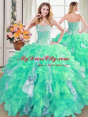 Turquoise Sleeveless Floor Length Beading and Ruffles and Sequins Lace Up Sweet 16 Quinceanera Dress