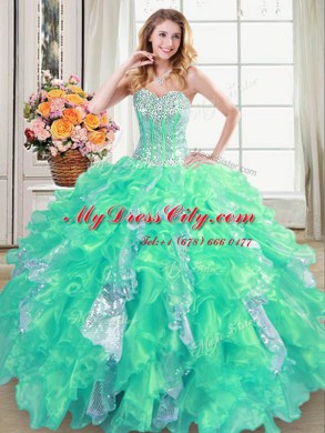 Turquoise Sleeveless Floor Length Beading and Ruffles and Sequins Lace Up Sweet 16 Quinceanera Dress