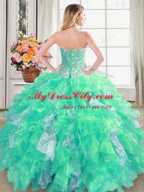 Turquoise Sleeveless Floor Length Beading and Ruffles and Sequins Lace Up Sweet 16 Quinceanera Dress