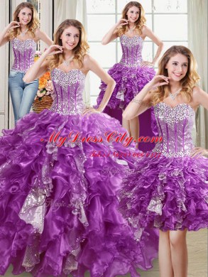Four Piece Purple Lace Up Quinceanera Dress Beading and Ruffles and Sequins Sleeveless Floor Length