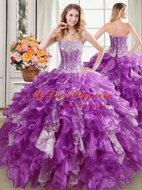 Four Piece Purple Lace Up Quinceanera Dress Beading and Ruffles and Sequins Sleeveless Floor Length