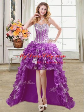 Four Piece Purple Lace Up Quinceanera Dress Beading and Ruffles and Sequins Sleeveless Floor Length